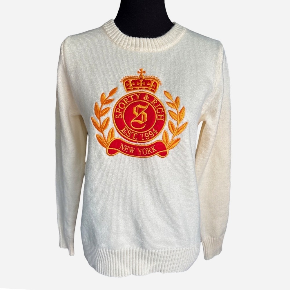 Sporty & Rich NY Crest Knitted Sweater, Ecru, Large, Embroidered Logo, Luxury - Picture 4 of 10